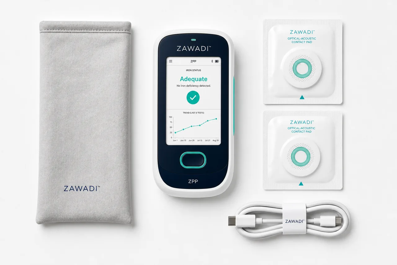 Concept render of ZAWADI kit flatlay with reader and pads.